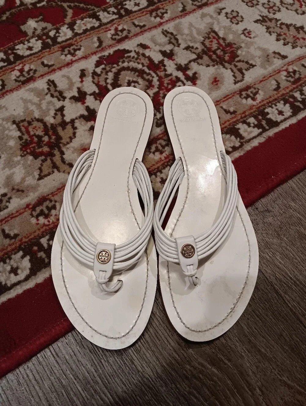 Tory Burch Sienne White Multi-Strap Thong Sandals with Logo Medallion